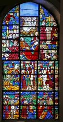 Vidriera que representa Escenas de la vida de Santa Bárbara, de la Pasión y la Transfiguración